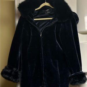 Dennis Basso Navy Blue Black Faux Fur Jacket with Removable Hood Size Large EUC